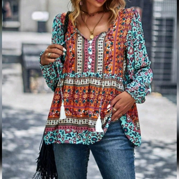 Floral Colorblock Tie Neck Puff Sleeve Peplum Top Blouse Shirt - Picture 1 of 5